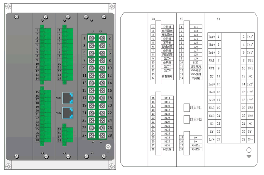 電能質量在線監(jiān)測裝置背部端子圖